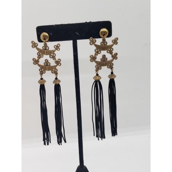 Asian Inspired Dangle Earrings Gold Tone Black Tassel Long Drop Pierced Fringe - Picture 12 of 12